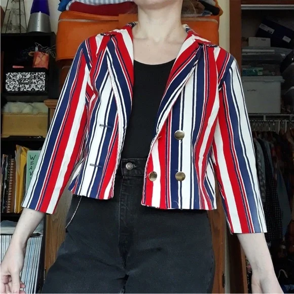 70s Handmade USA Red White & Blue Striped Blazer Jacket America Patriotic - Picture 6 of 15